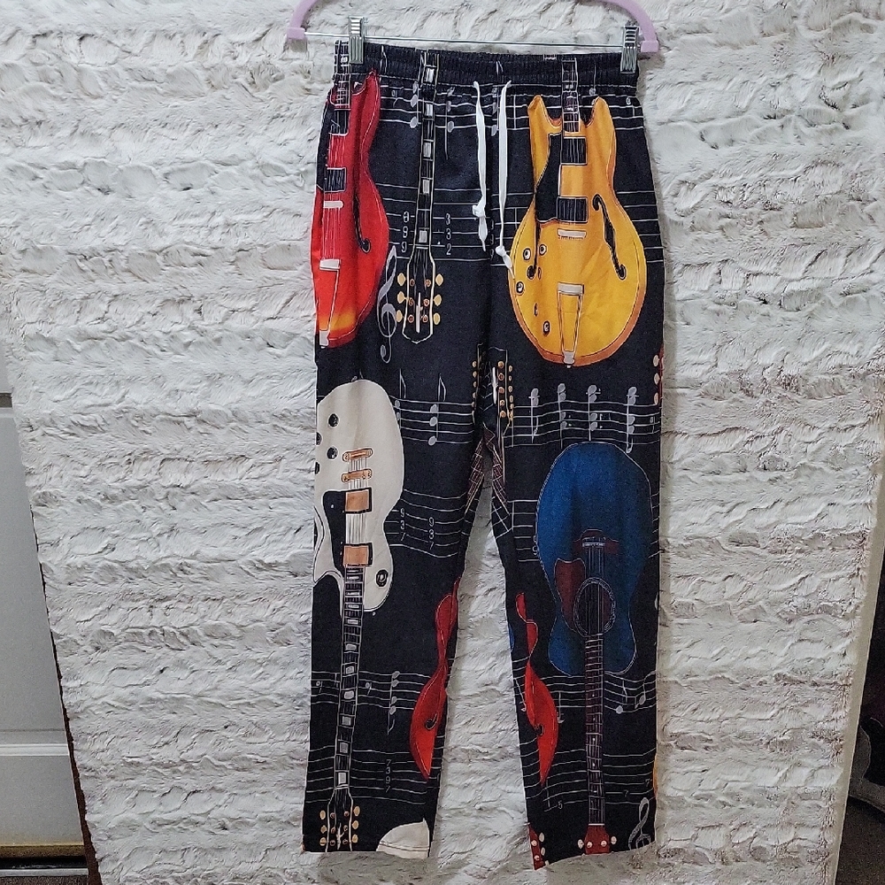 Guitar Print Lounge Pants - Black with Red Yellow Blue Unisex Sz S, Novelty